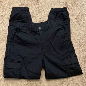 Black cargo pants cinched at the ankles, size 4 regular, American Eagle